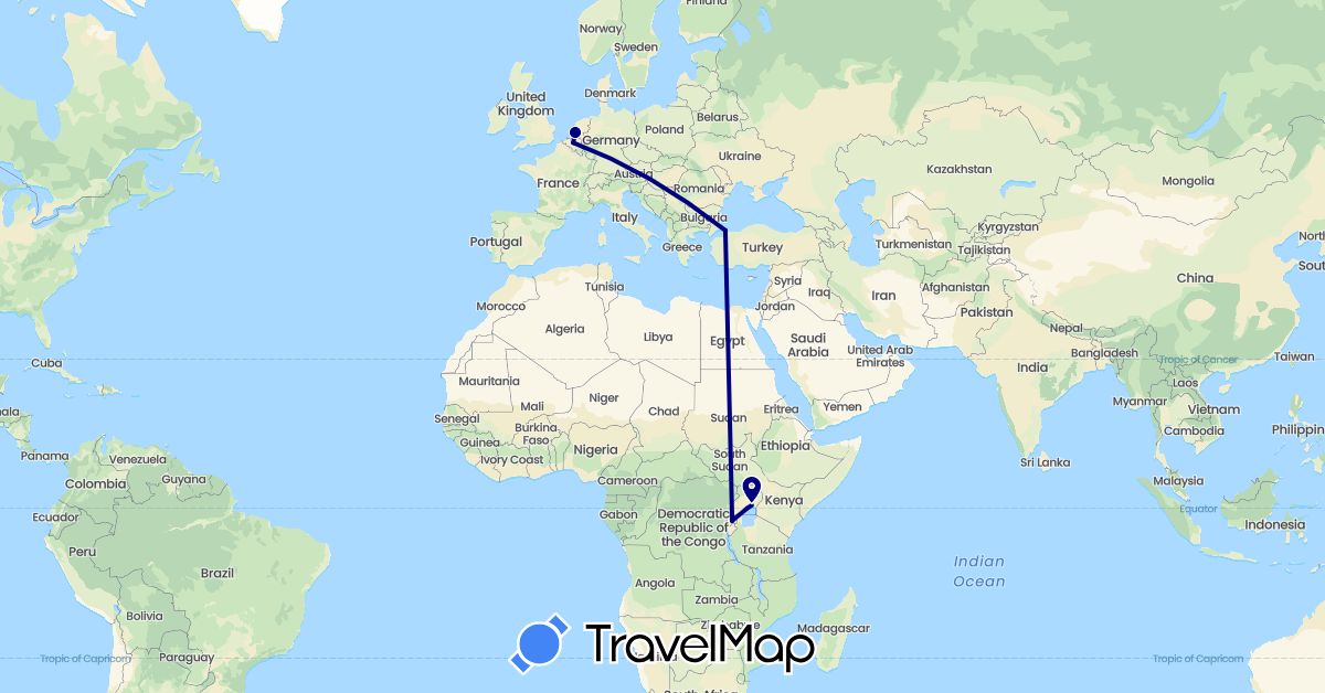 TravelMap itinerary: driving in Belgium, Netherlands, Rwanda, Turkey, Uganda (Africa, Asia, Europe)
